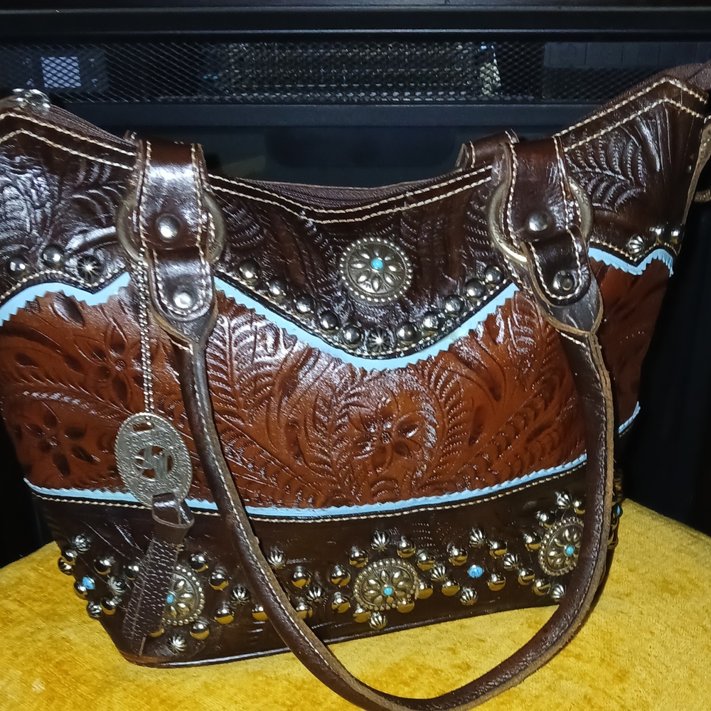 AMERICAN WEST Brown and Tan Embossed Leather Tote Bag